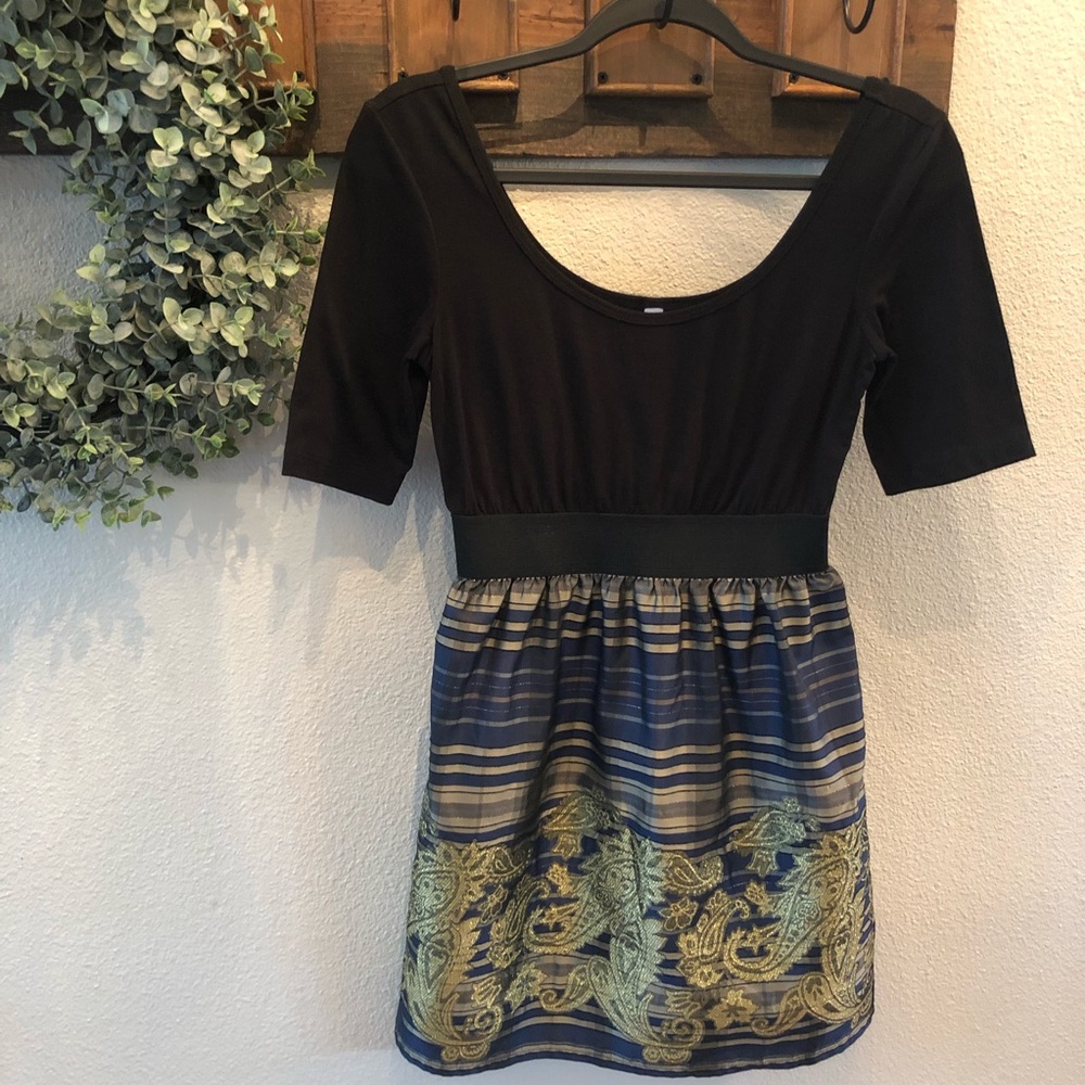Black, blue and gold dress